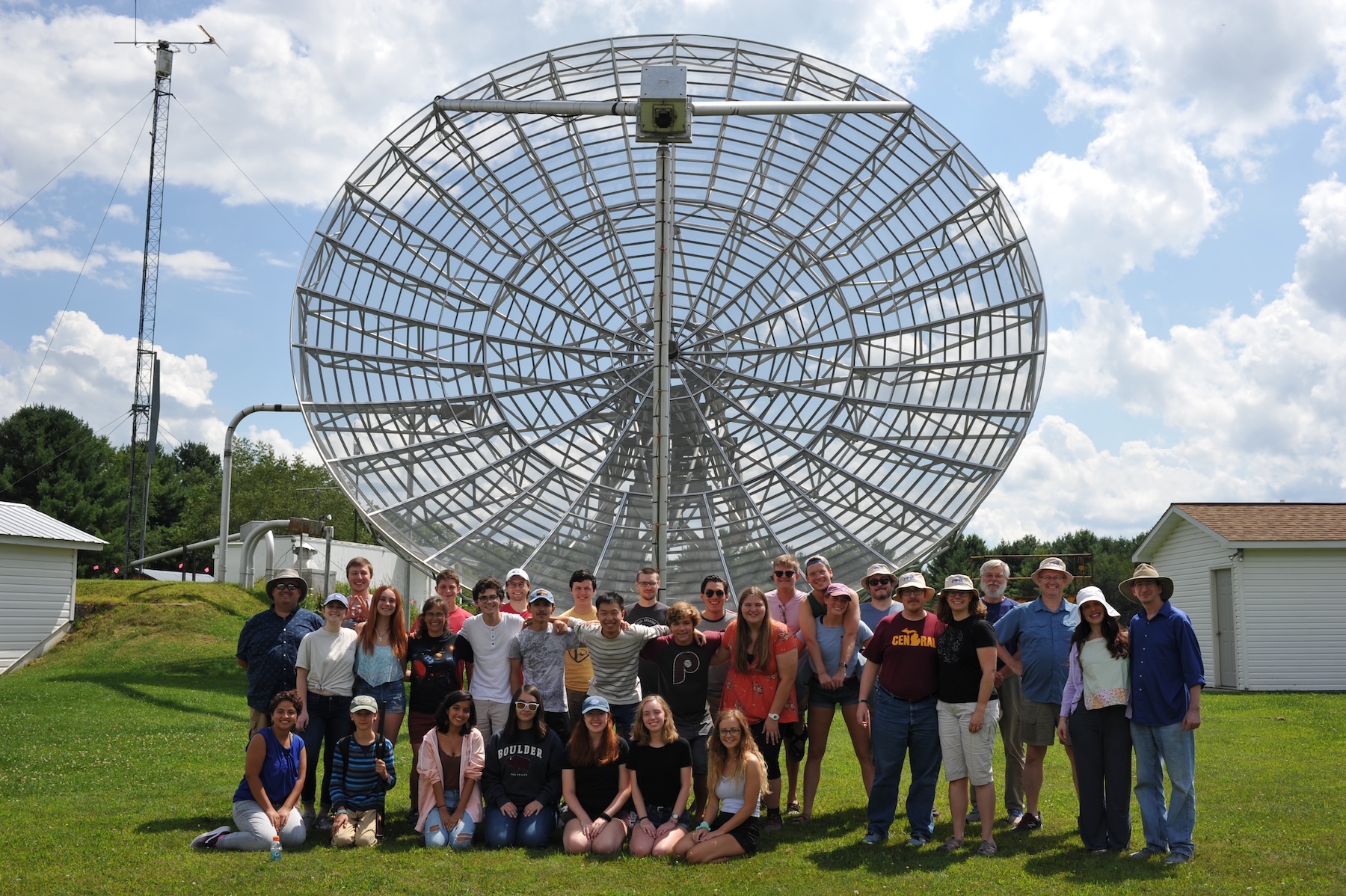 Group picture from ERIRA 2019 at Green Bank Radio Observatory, in front of the 40 ft. radio telescope.